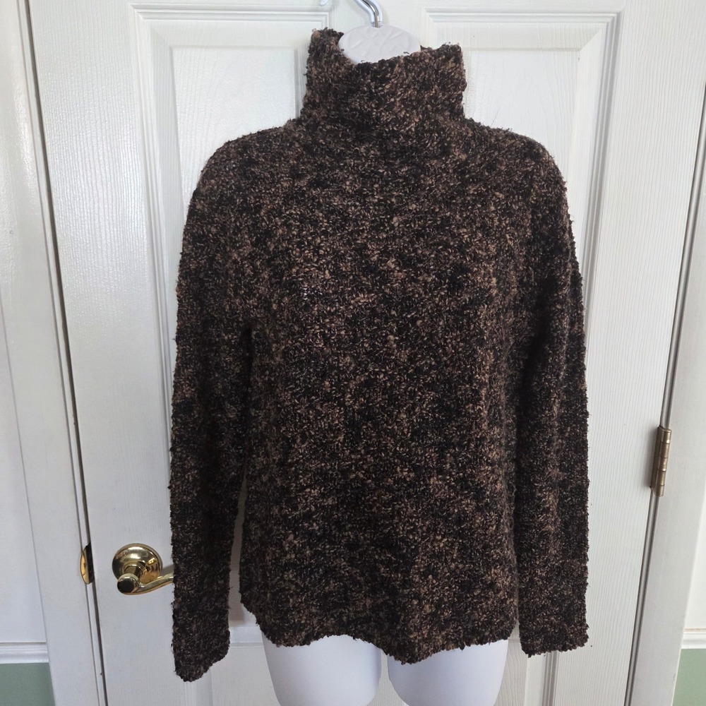 Eileen Fisher Italian Merino Wool Boucle Turtleneck Sweater Brown Black XS Fall